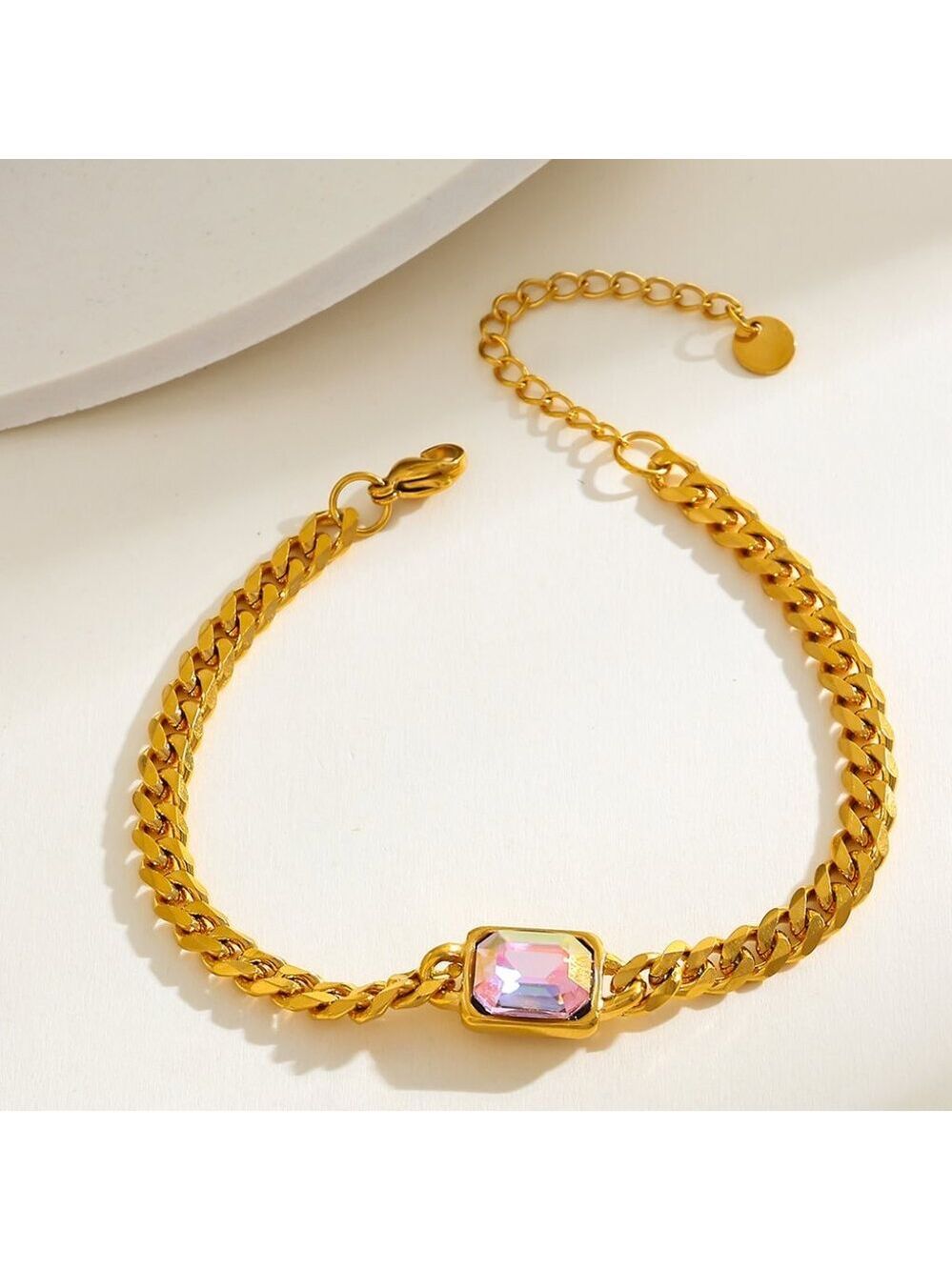 18K Gold Plated  Irisdescent Resin Crystal Chain Bracelet, Stainless Steel